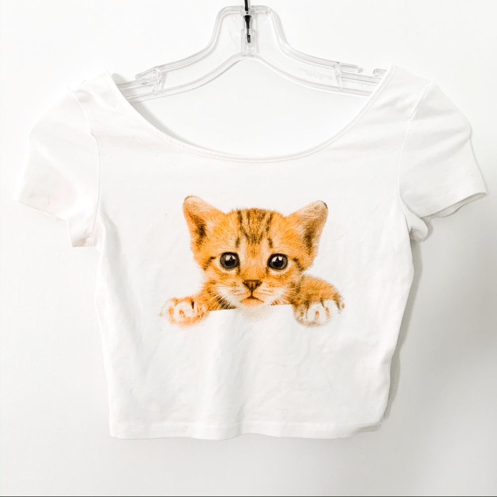 White Crop Top with Kitten Design